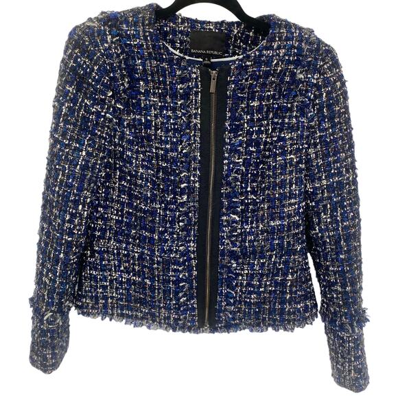 Banana Republic WOMEN 6 Tweed Collarless, Poly/Wool Blend, Navy blue jacket - Picture 1 of 6